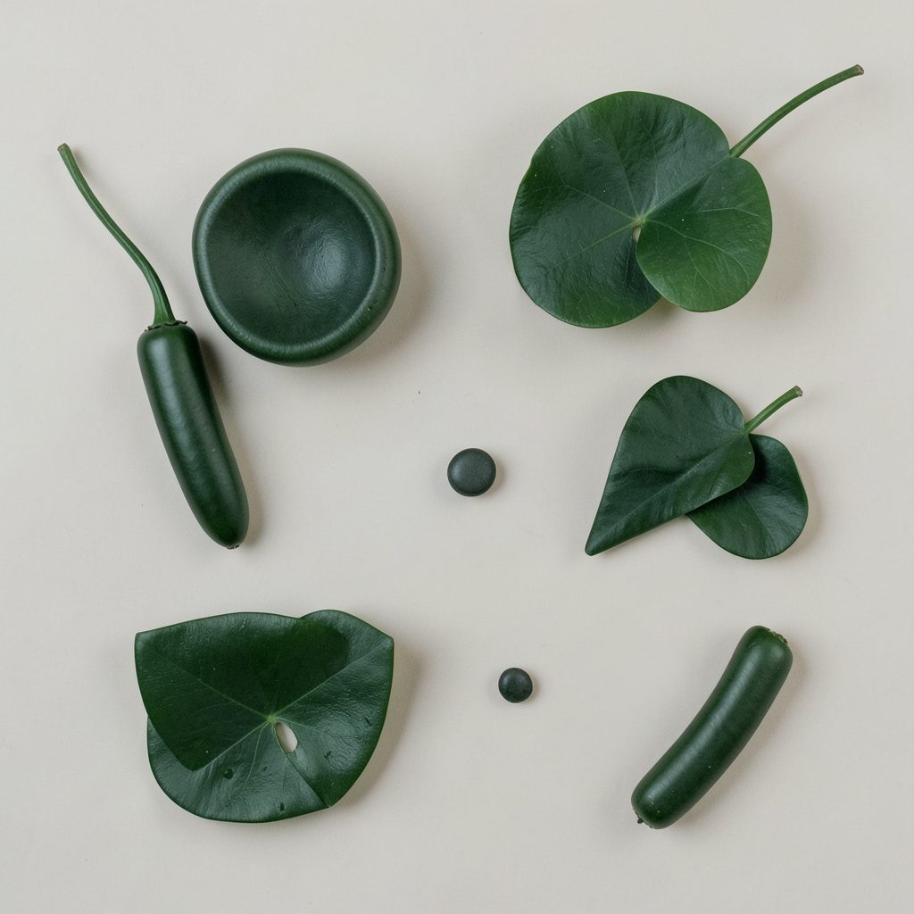 Overhead flat-lay of watchmaking tools, a transparent watch case, and a small solar disc arranged on a soft green workbench