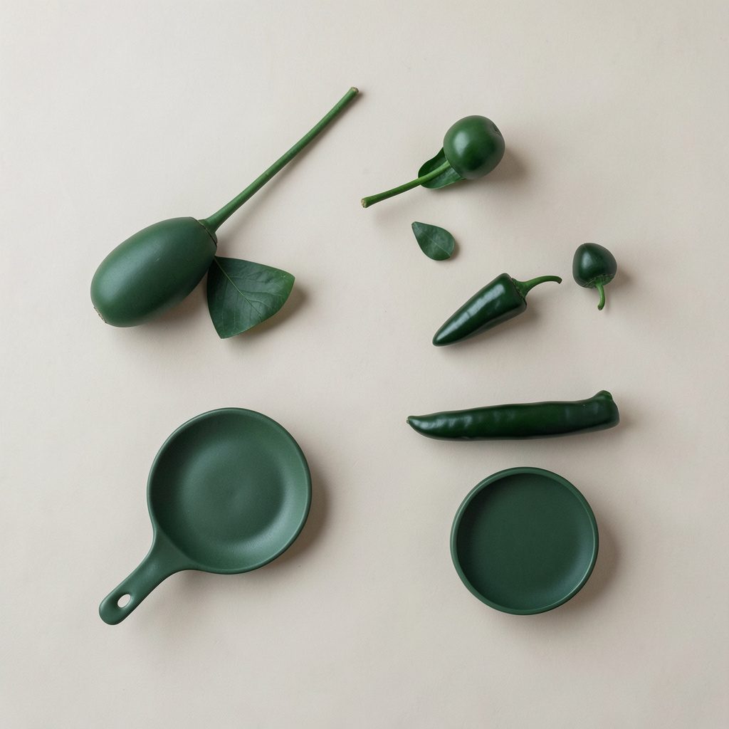 Soft overhead flat-lay photograph of a sage-toned desk mat with a matte watch face, a leather strap, and small green plants arranged in a calm, neutral setting
